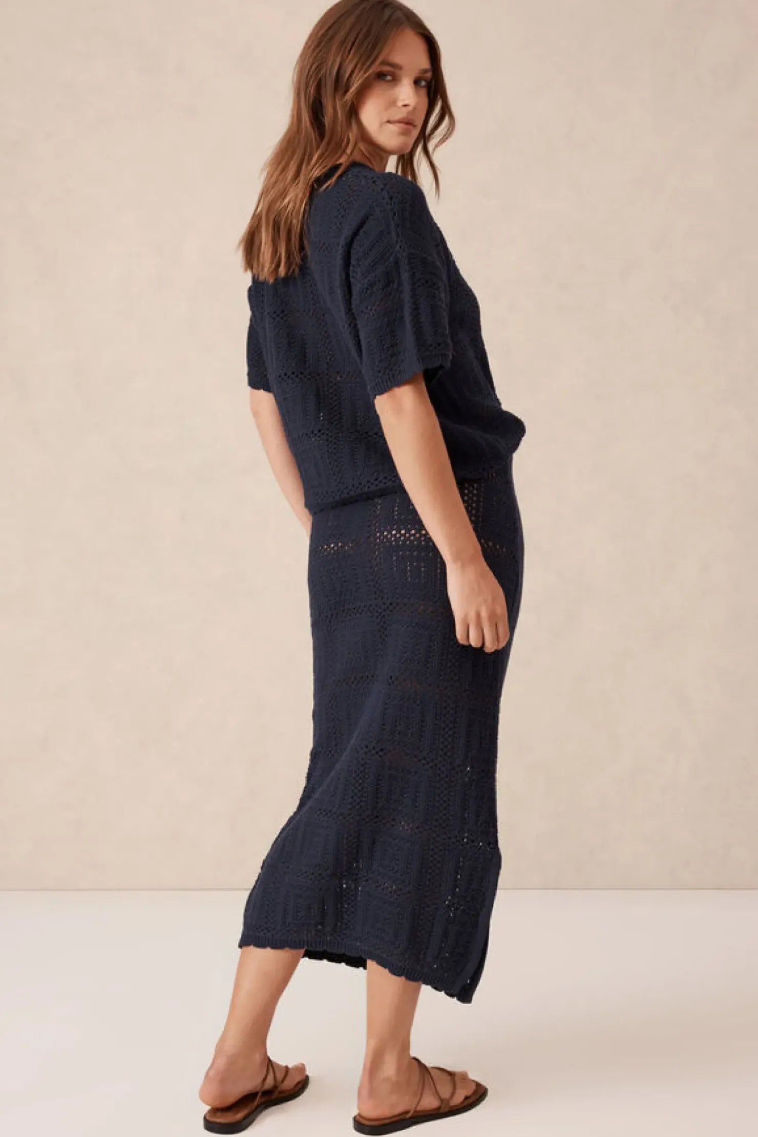 Fashion Ceres Life Square Knit Midi Skirt - New Navy