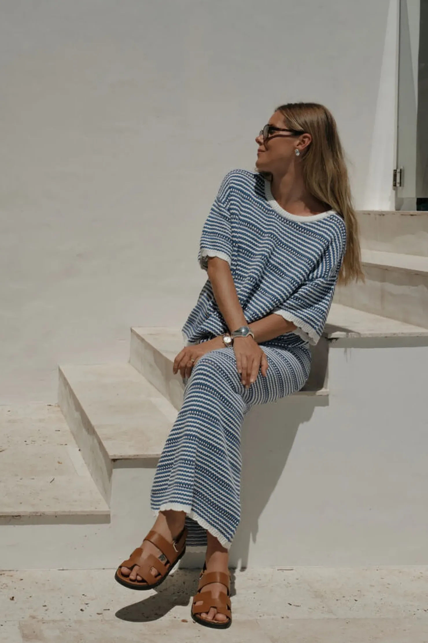 Discount Ceres Life Textured Boxy Knit Tee - Summer Blue Stripe