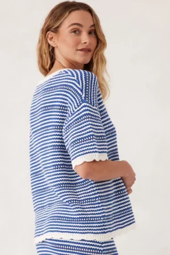 Discount Ceres Life Textured Boxy Knit Tee - Summer Blue Stripe