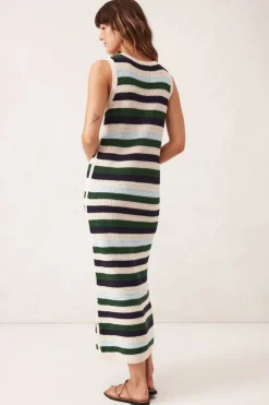 Fashion Ceres Life Textured Multi Stripe Knit Midi Dress - Aqua Pine Navy Stripe