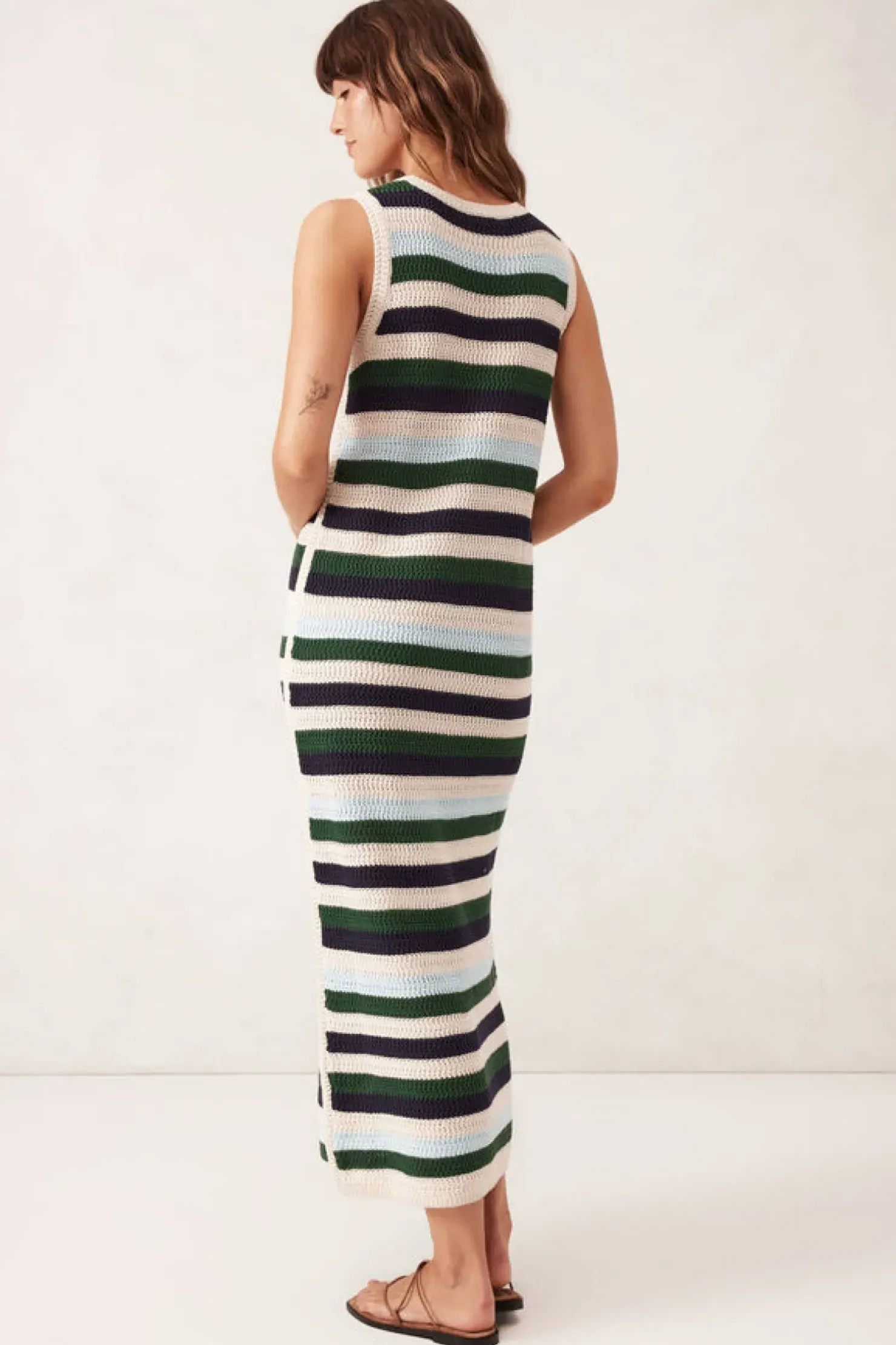 Fashion Ceres Life Textured Multi Stripe Knit Midi Dress - Aqua Pine Navy Stripe