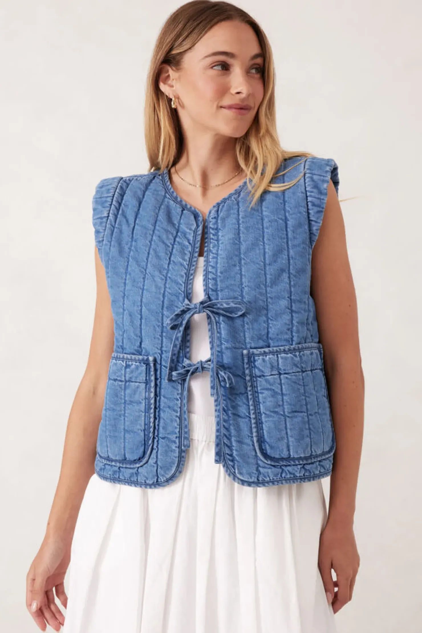 Fashion Ceres Life Tie Quilted Vest - Worn Blue