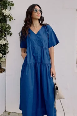 Best Ceres Life Tiered Poplin Midi Dress - Fresh Cobalt