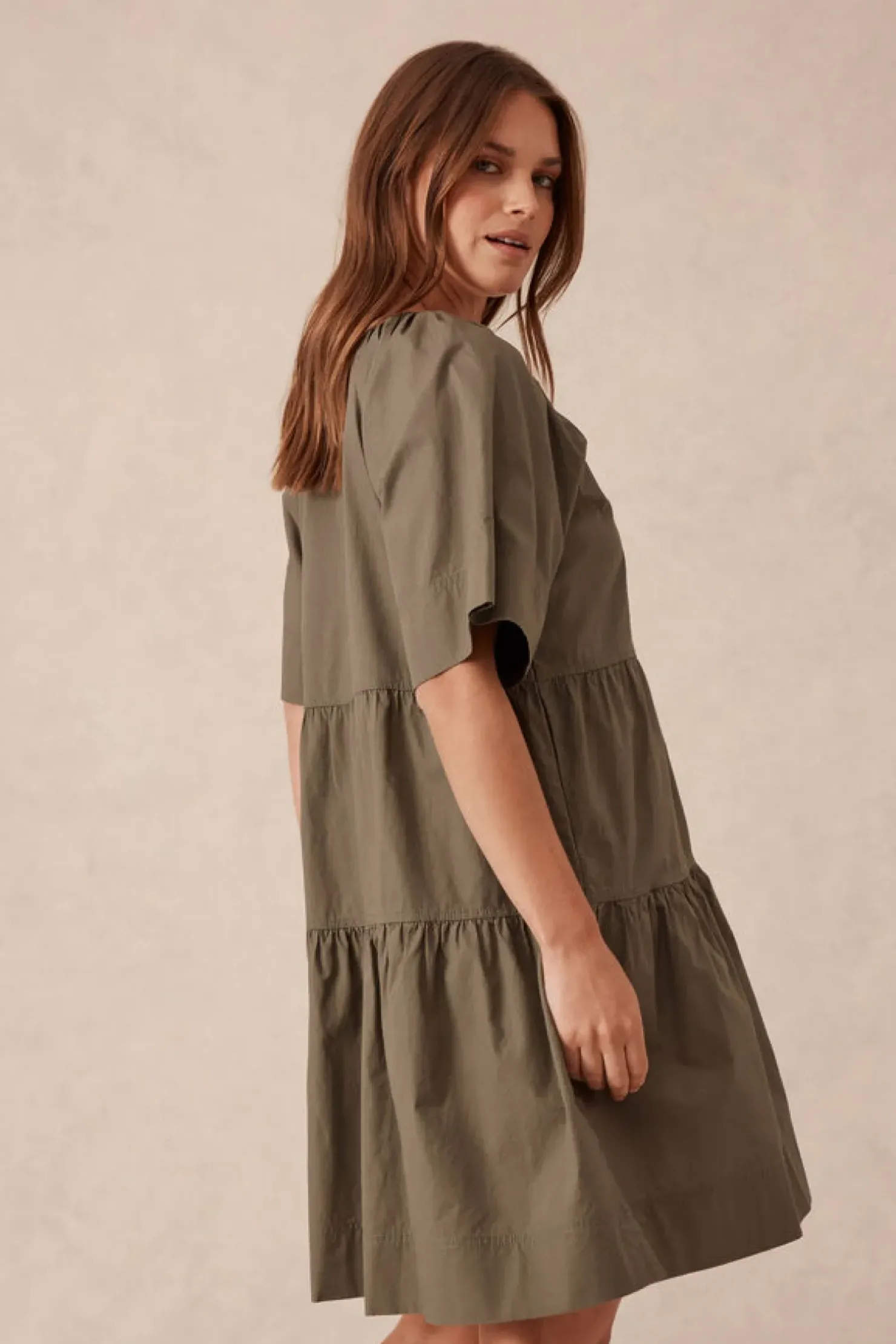 Clearance Ceres Life Tiered Poplin Mini Dress - Soft Olive