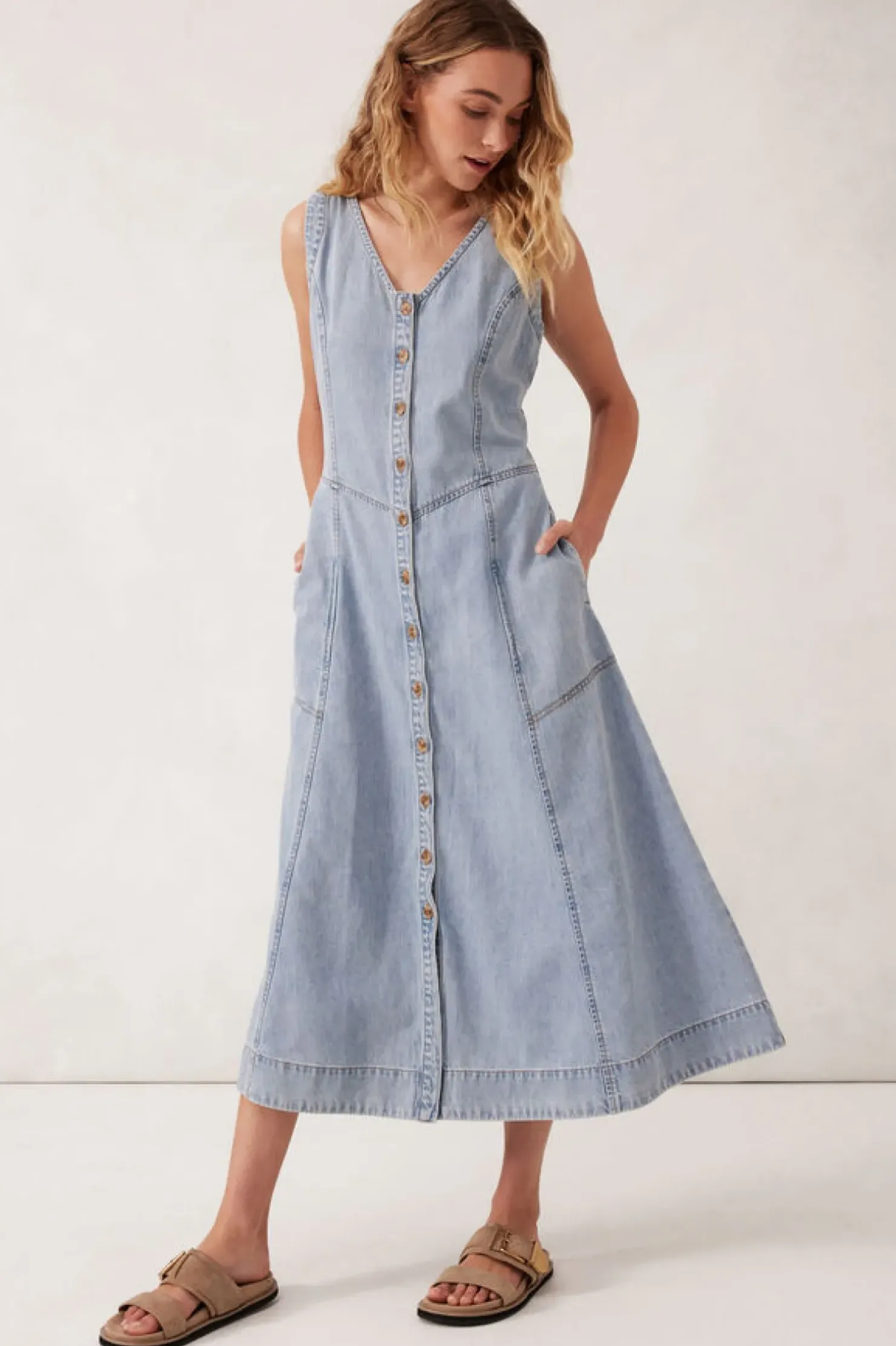 Hot Ceres Life V Neck Flared Midi Dress - Worn Blue
