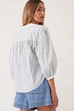 Outlet Ceres Life Woven Collarless Top - Green Ladder Stripe
