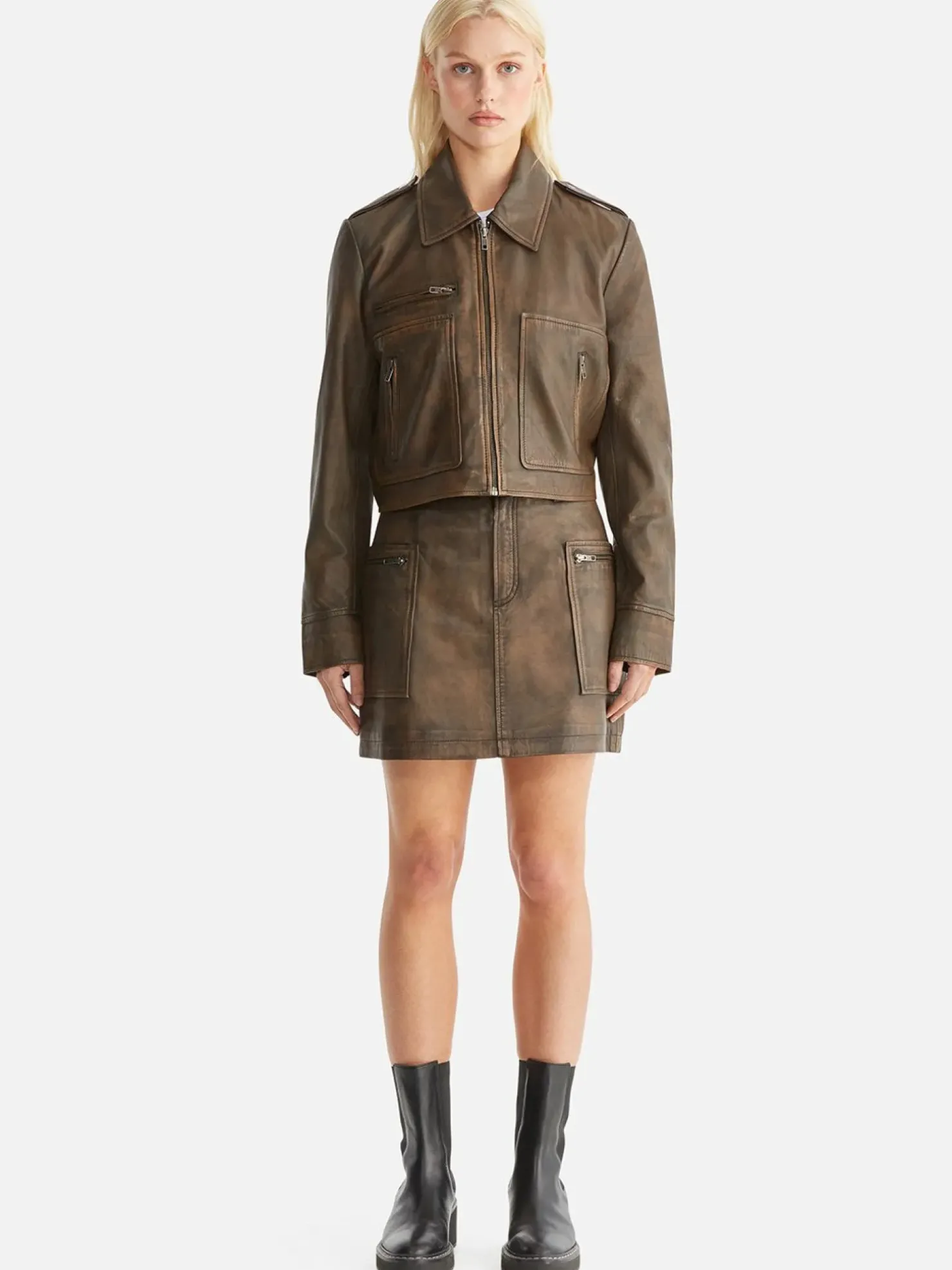 Fashion Ena Pelly Lennie Leather Biker Jacket - Worn Brown