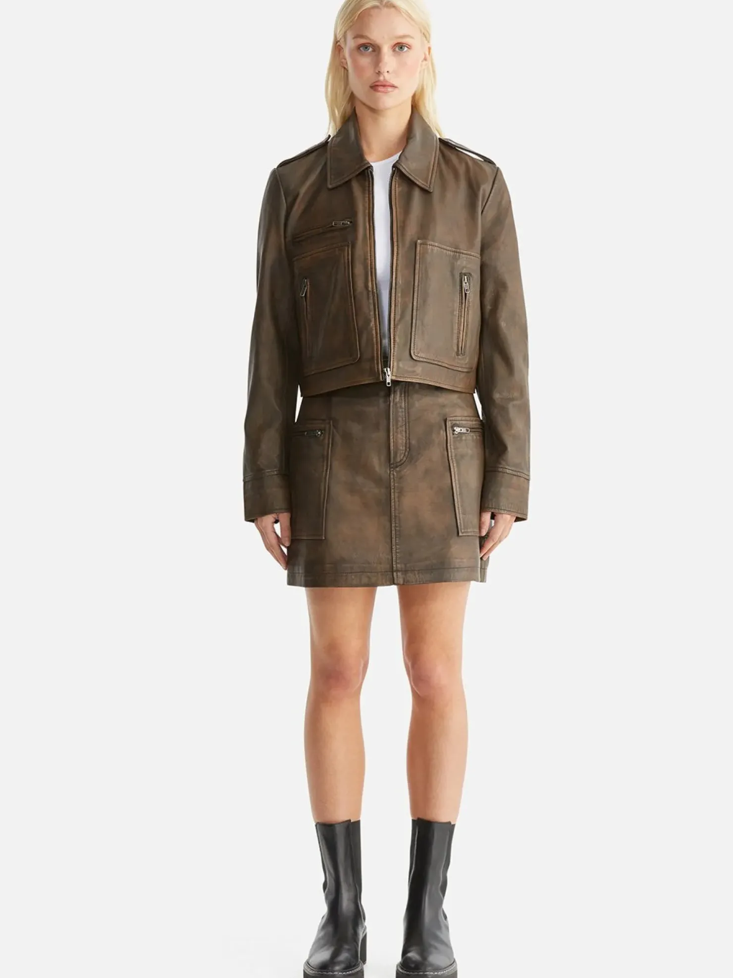 Fashion Ena Pelly Lennie Leather Biker Jacket - Worn Brown
