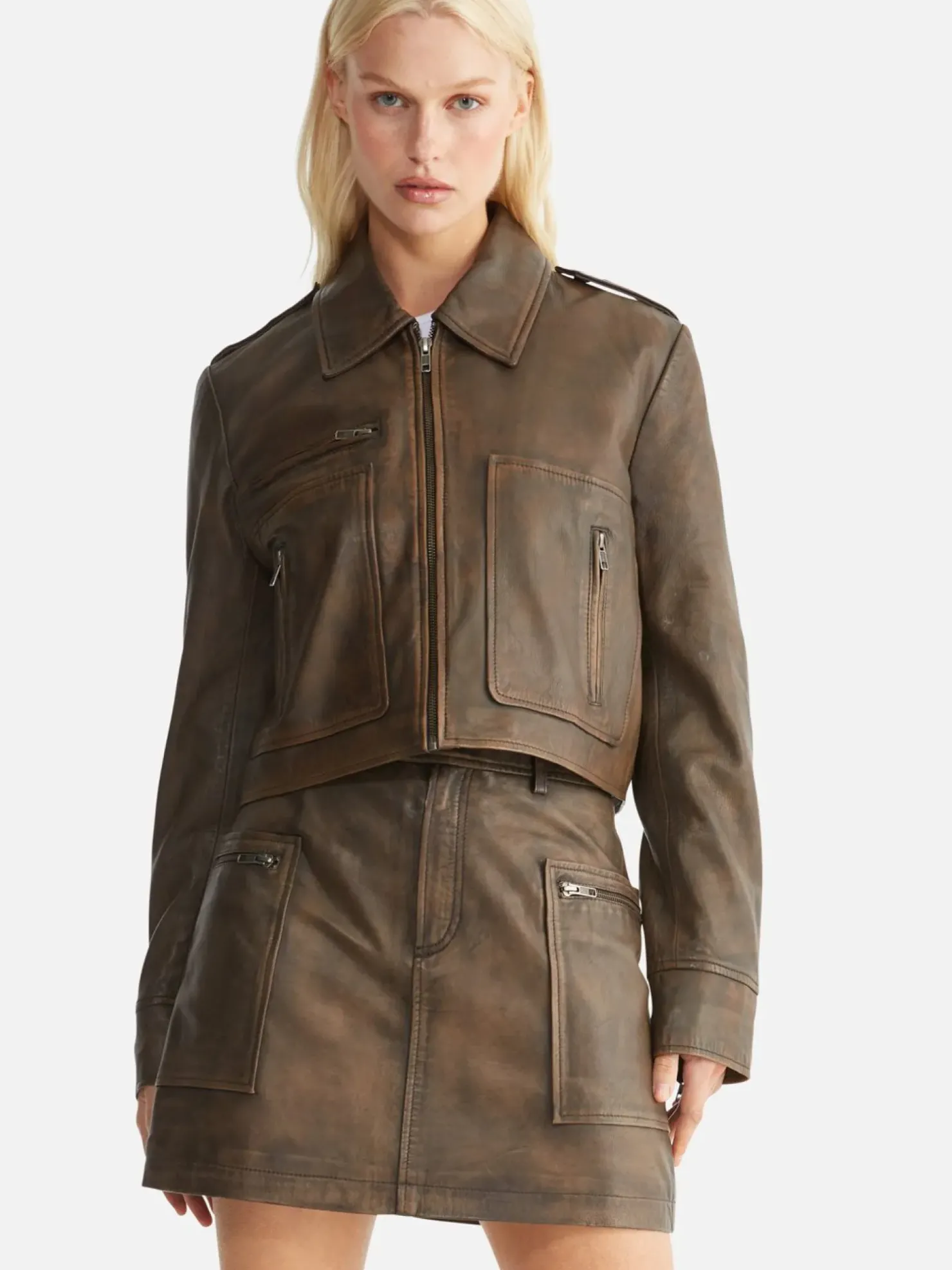 Fashion Ena Pelly Lennie Leather Biker Jacket - Worn Brown