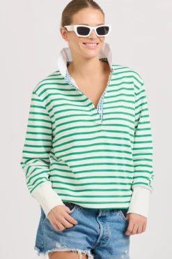 Hot Est1971 Est 1971 Rugby Frill Collar Cotton Sweatshirt - Green Stripe