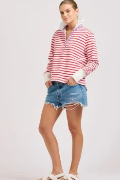 Hot Est1971 Est 1971 Rugby Frill Collar Cotton Sweatshirt - Raspberry Stripe