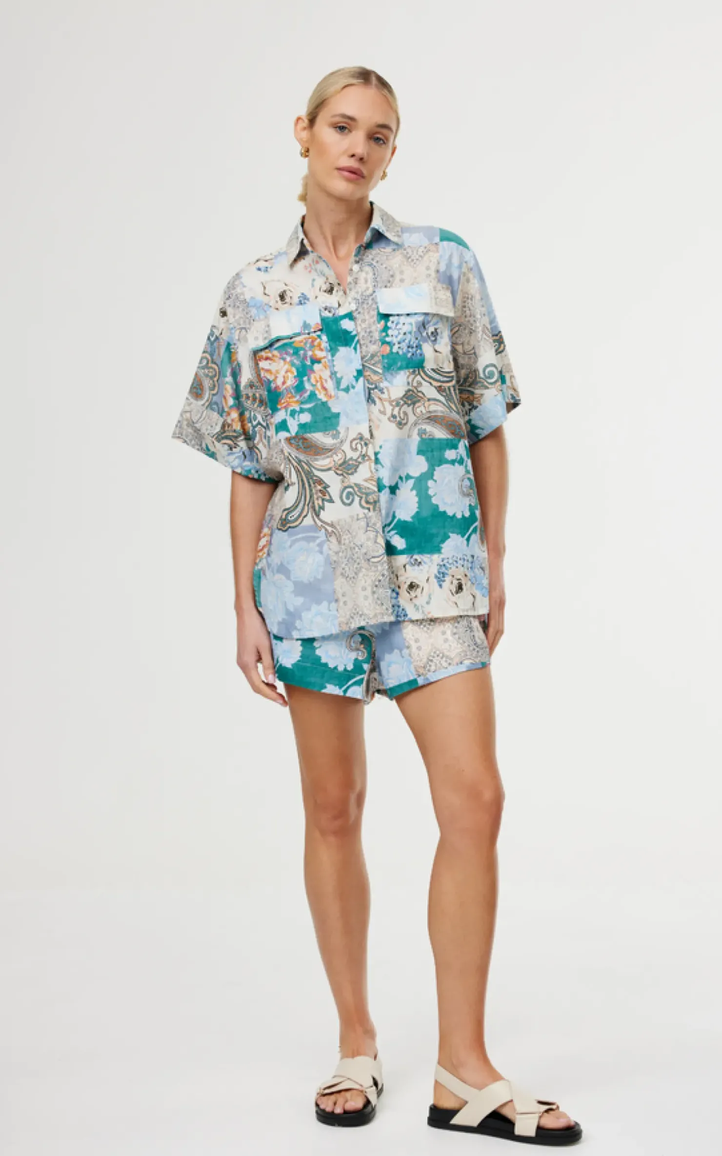 Discount Kinney Juniper Shirt - Cyan Patchwork