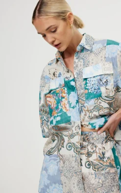 Discount Kinney Juniper Shirt - Cyan Patchwork