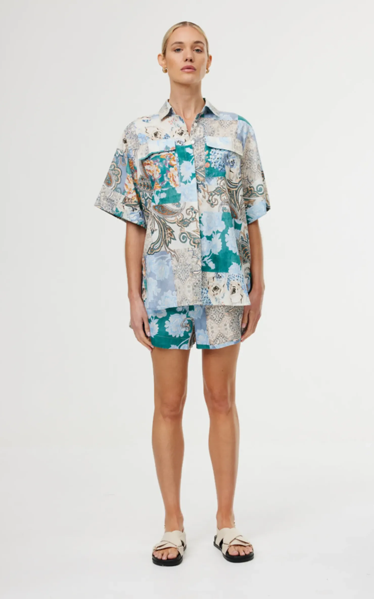 Discount Kinney Juniper Shirt - Cyan Patchwork
