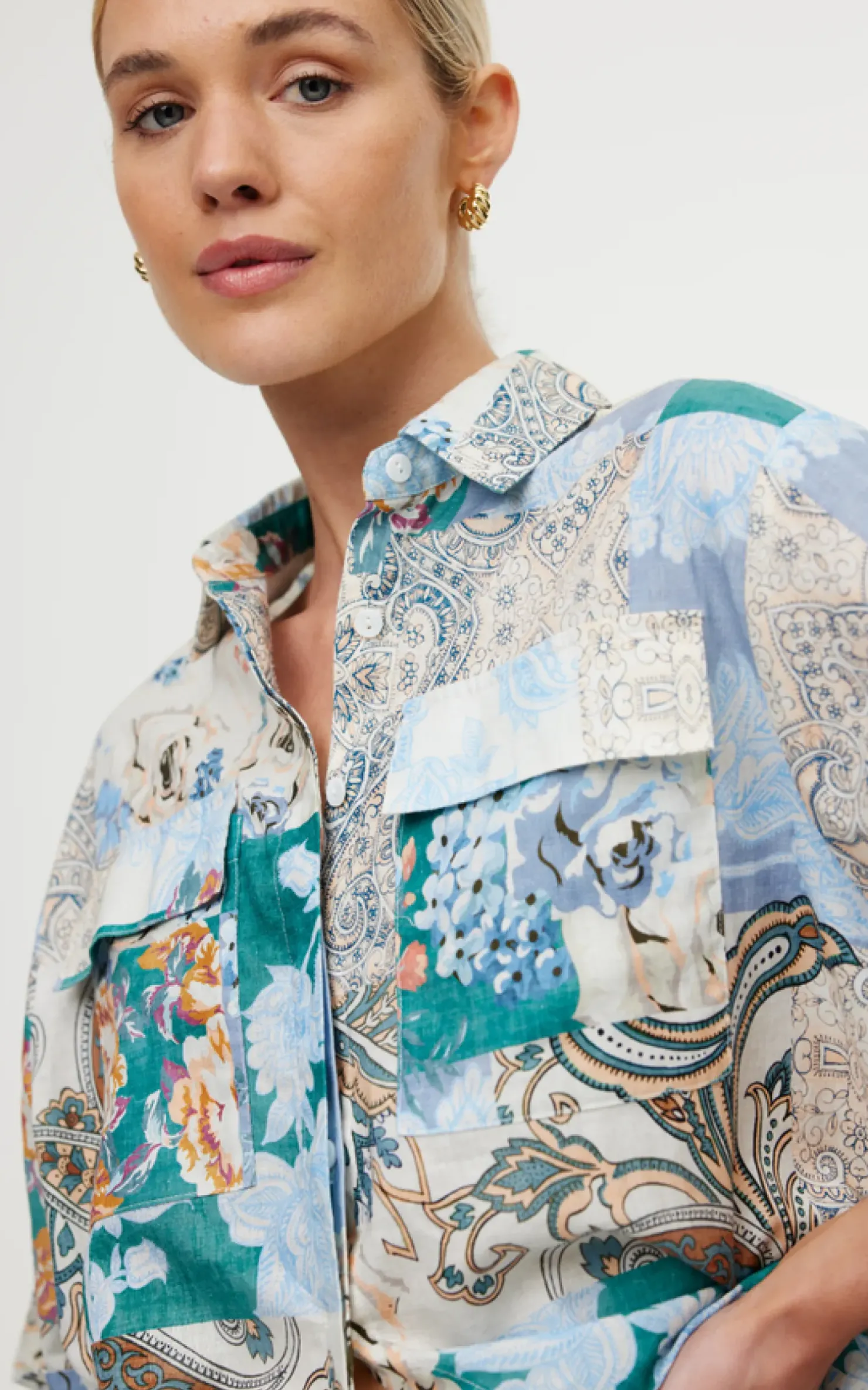 Discount Kinney Juniper Shirt - Cyan Patchwork