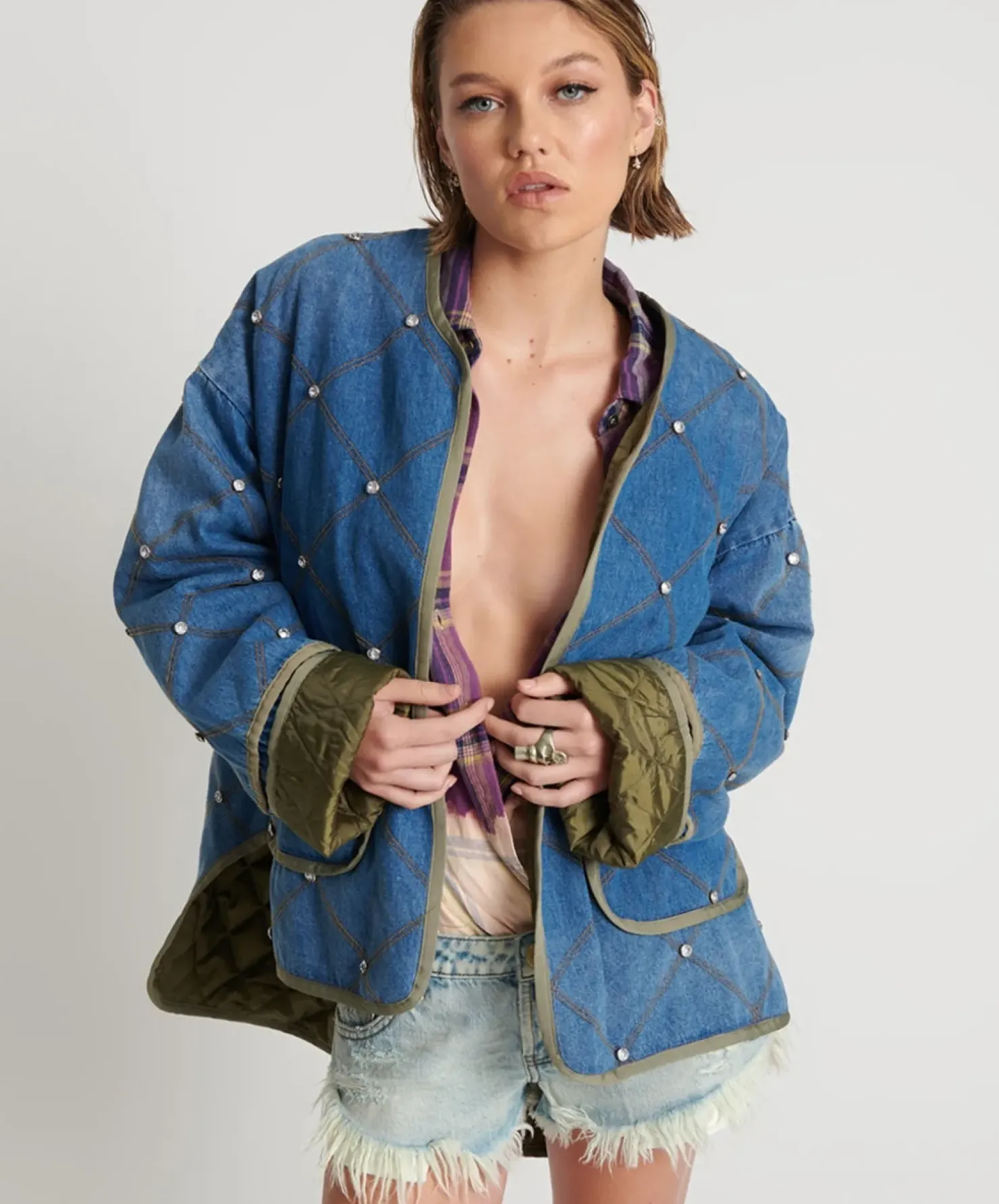 Clearance One Teaspoon Bay Blue Quilted Crystal Studded Jacket