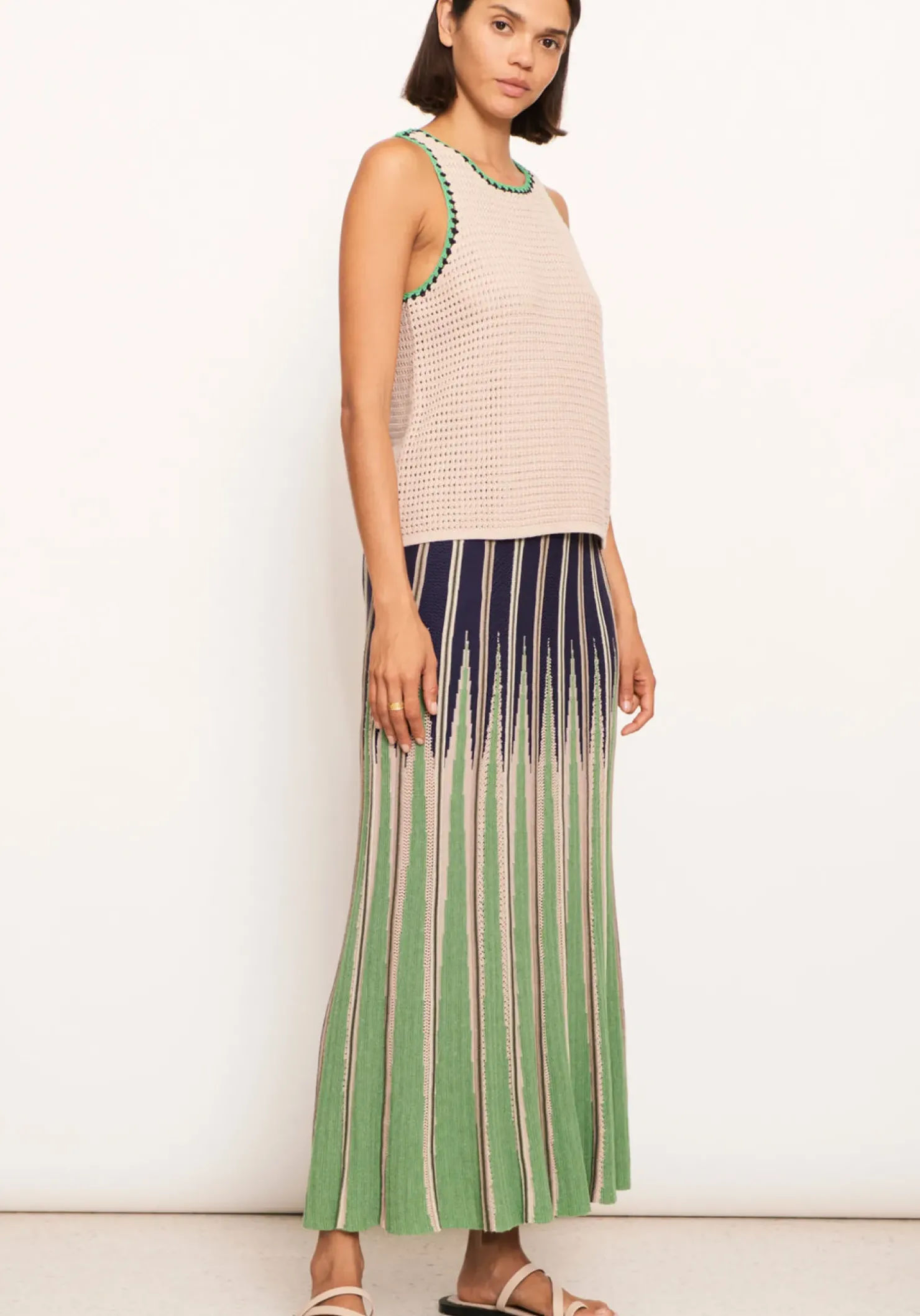 Sale Pol Xander Crochet Tank - Pebble/Ink/Green
