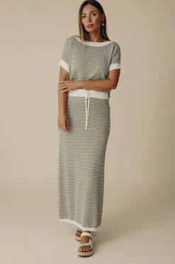 Outlet Talamaya Lattice Knitted Skirt - Dusty Olive & Cream