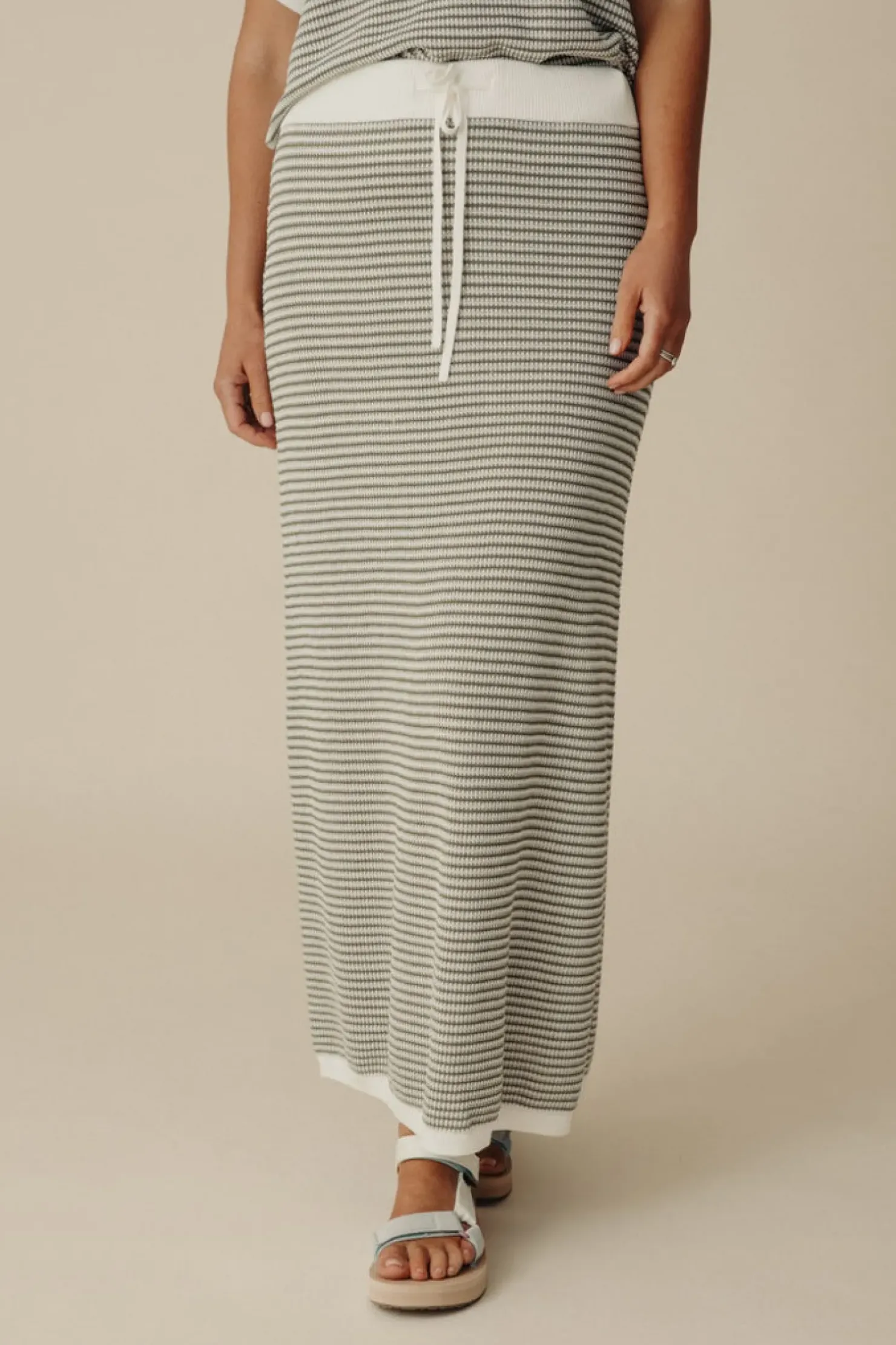 Outlet Talamaya Lattice Knitted Skirt - Dusty Olive & Cream
