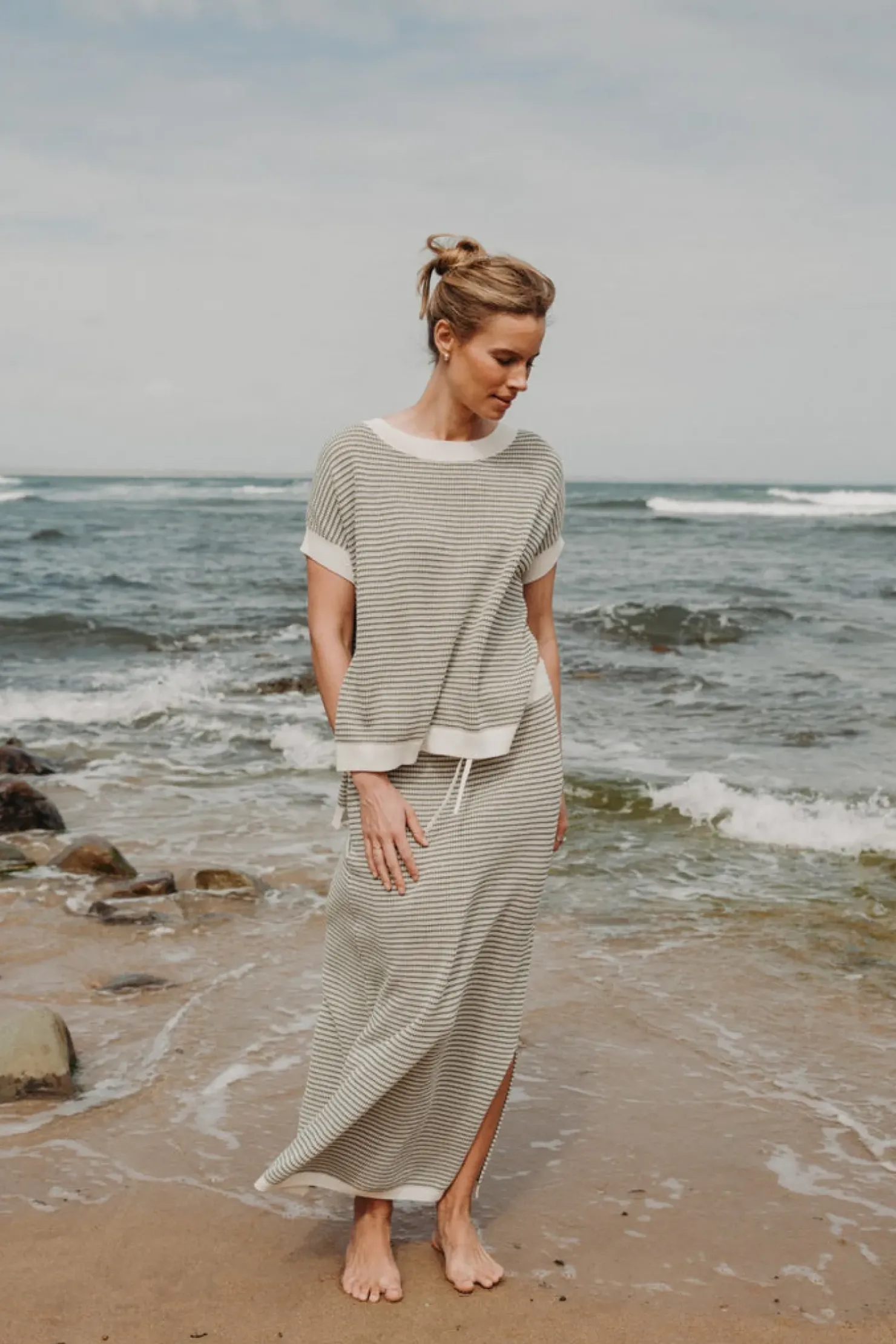 Outlet Talamaya Lattice Knitted Skirt - Dusty Olive & Cream