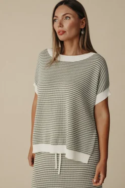 Online Talamaya Lattice Short Sleeve Pullover- Dusty Olive & Cream