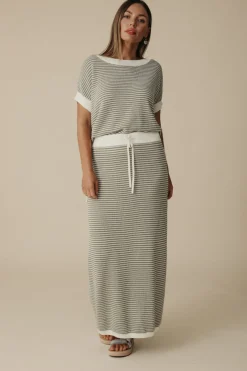 Online Talamaya Lattice Short Sleeve Pullover- Dusty Olive & Cream