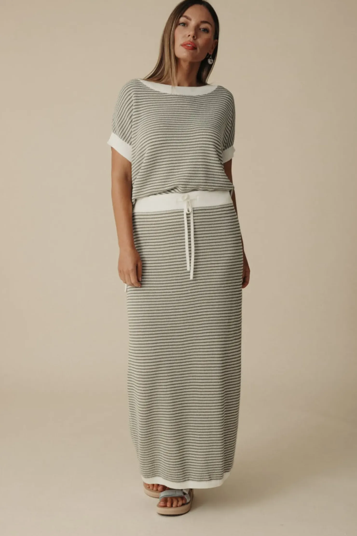 Online Talamaya Lattice Short Sleeve Pullover- Dusty Olive & Cream