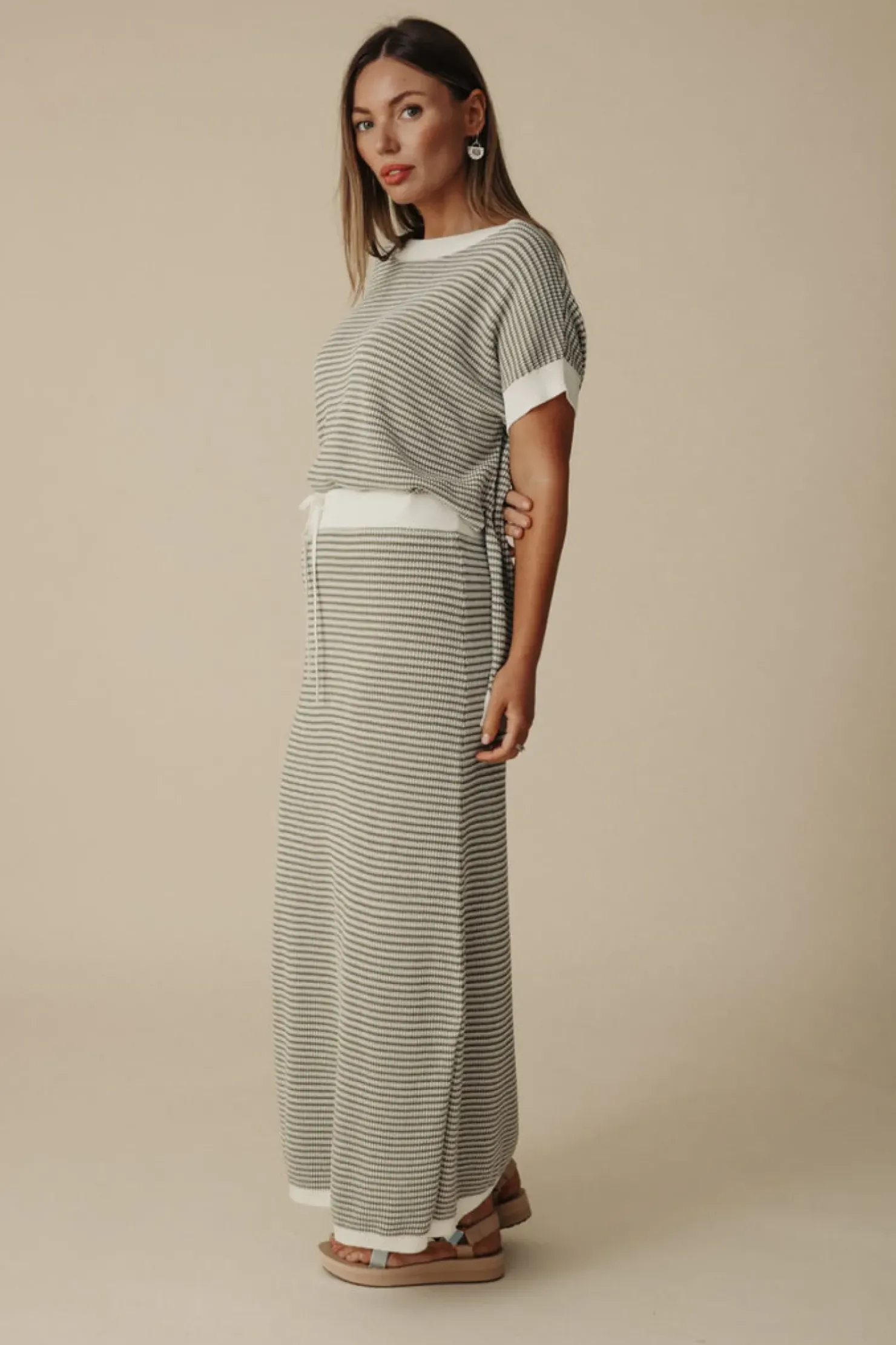 Online Talamaya Lattice Short Sleeve Pullover- Dusty Olive & Cream