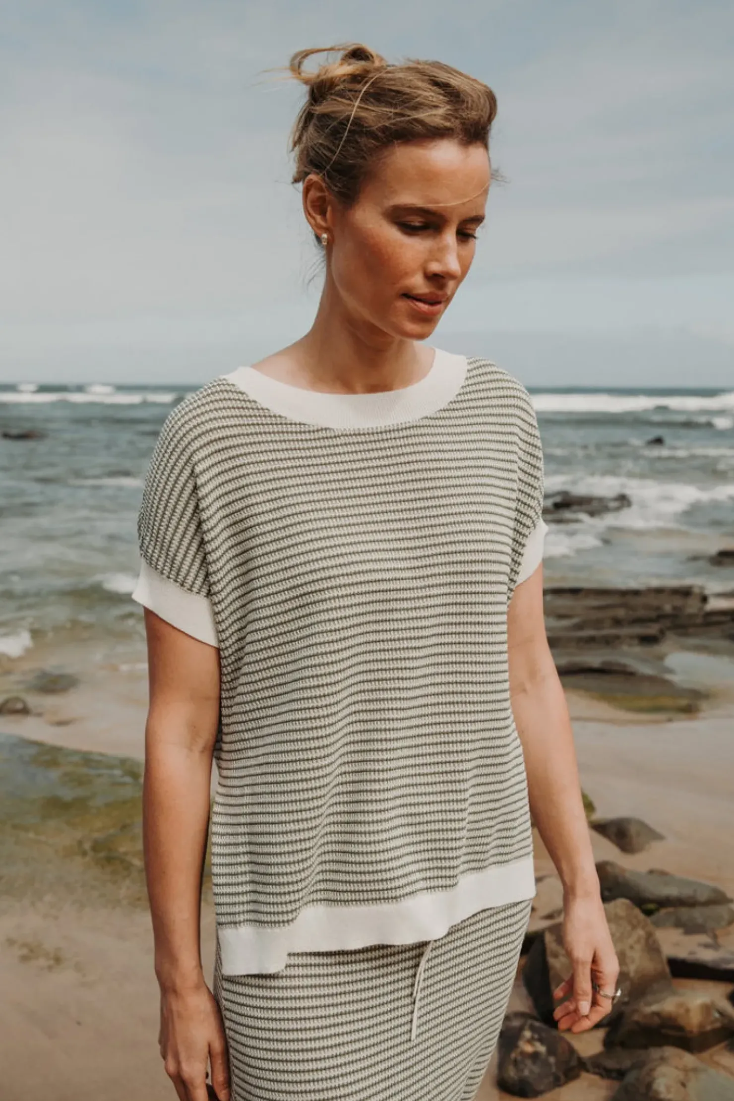 Online Talamaya Lattice Short Sleeve Pullover- Dusty Olive & Cream