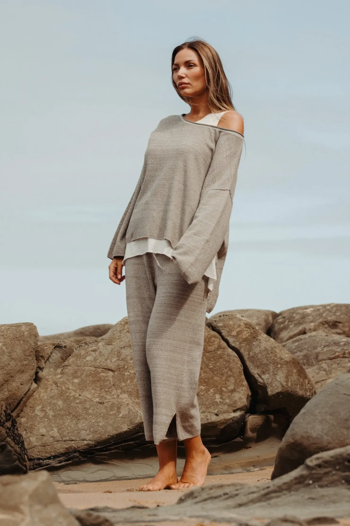 Clearance Talamaya Retreat Cotton Twist Pullover - Dusty Olive & White